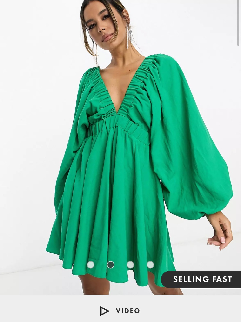 Asos Deep V Green Mini Dress with Balloon Sleeves
